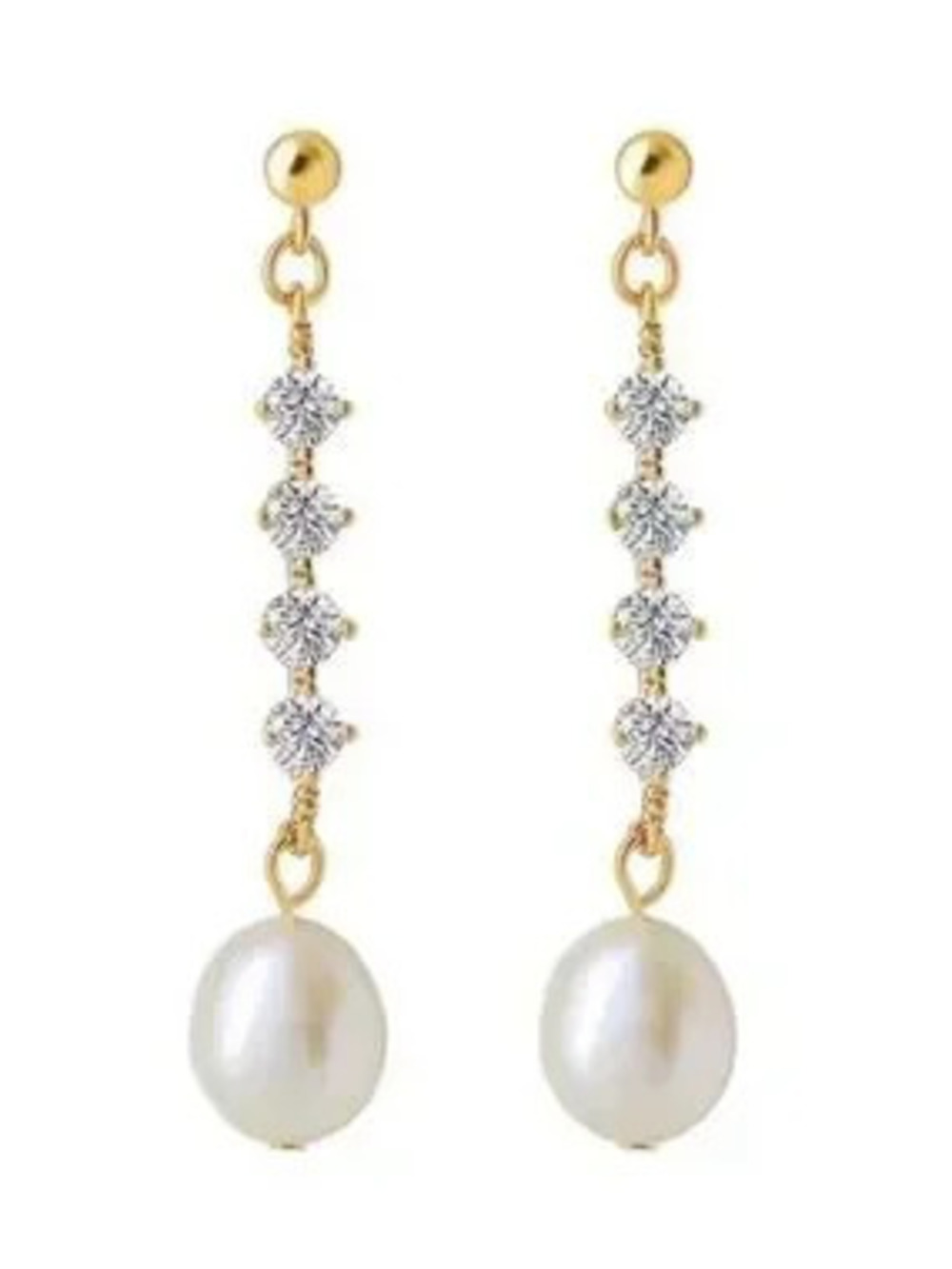 Gold Drop Earrings with White Pearls and Clear Crystals